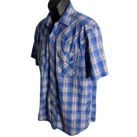 Wrangler Western Pearl Snap Shirt L Blue Plaid Short Sleeve Pockets One Point - Picture 3 of 6